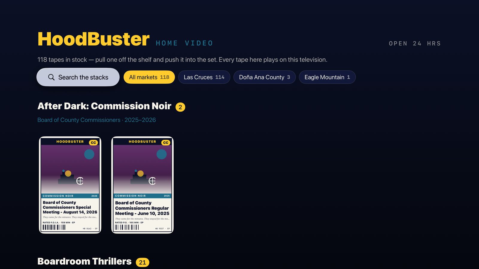 HoodBuster shelves on Apple TV, tapes grouped by genre.