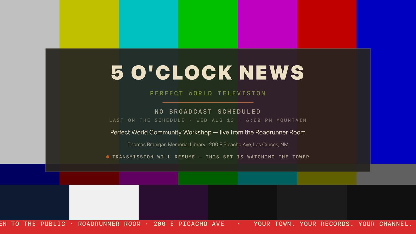 The 5 O'Clock News standby card: colour bars, station ident, schedule.